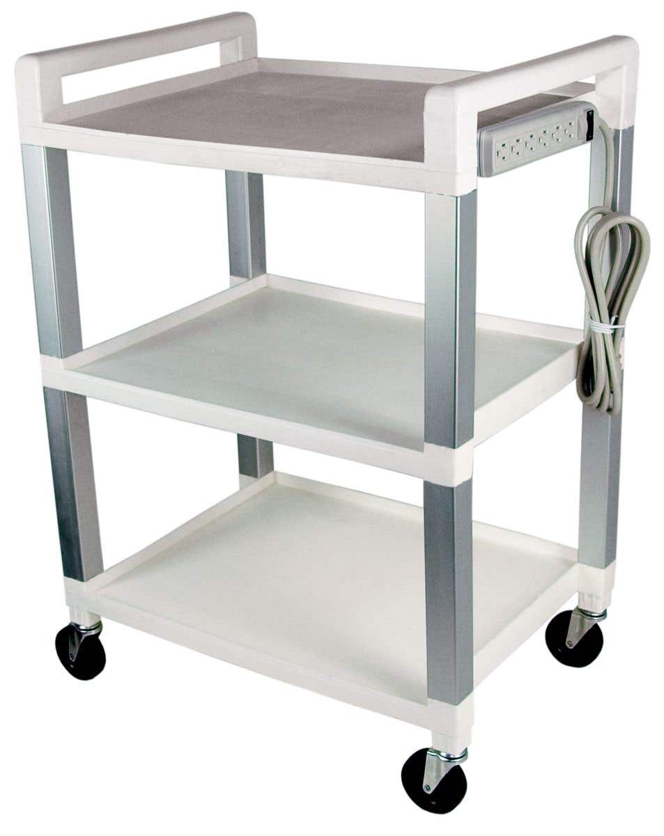 Poly Three Shelf Cart With Power Strip
